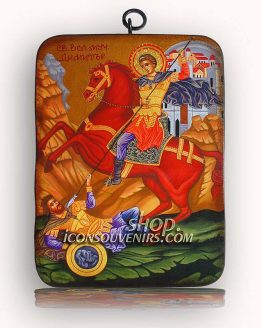 Икона на Свети Димитър върху червен кон пронизващ с копие византиец