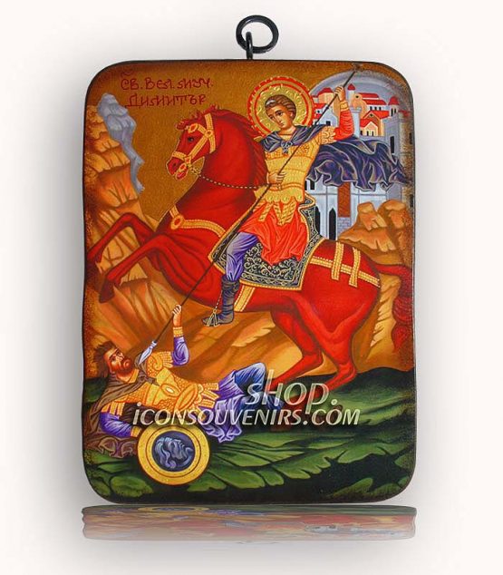 Икона на Свети Димитър върху червен кон пронизващ с копие византиец
