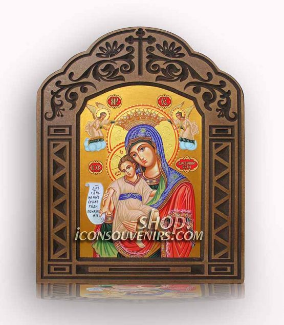 Икона на света Богородица с младенеца - Достойно ест с дърворезбована рамка