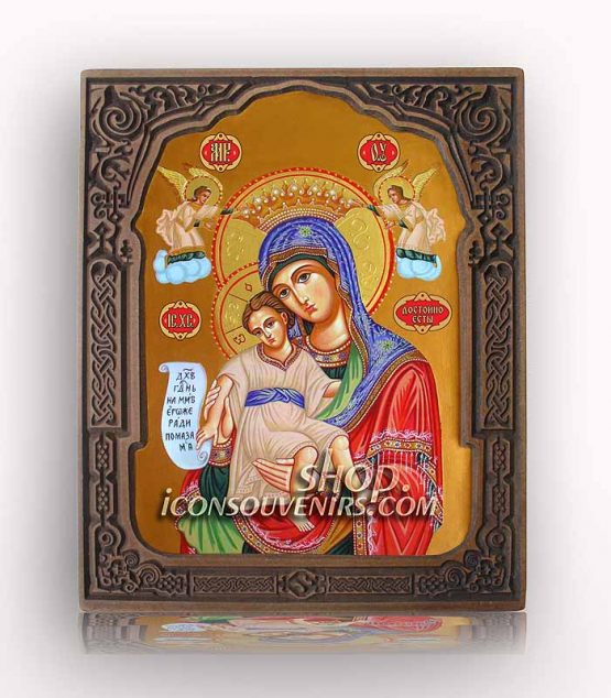 Икона на света Богородица с младенеца - Достойно ест с дърворезбована рамка