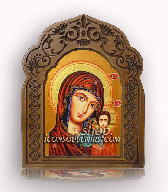 Икона на света Богородица с младенеца - Казанска с дърворезбована рамка