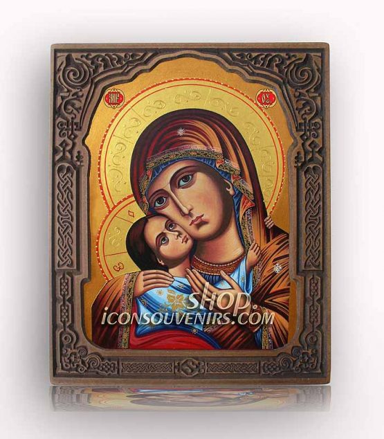 Икона на света Богородица с младенеца - Умиление с дърворезбована рамка