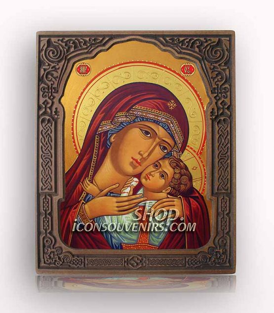 Икона на света Богородица с младенеца - Умиление с дърворезбована рамка