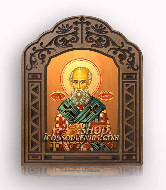 Икона на Икона на Свети Атанасий Велики с дърворезбована рамка