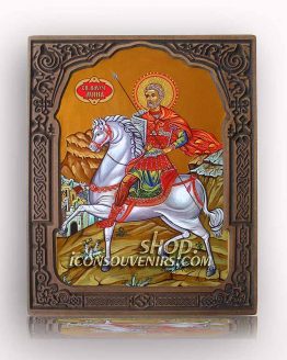 Икона на Свети Мина яздещ бял кон с дърворезбована рамка