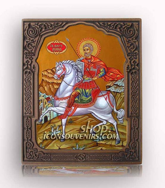Икона на Свети Мина яздещ бял кон с дърворезбована рамка